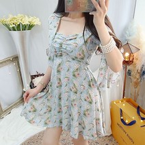 비니케이즈 여름 가슴셔링 프릴날개소매 플라워 바캉스 휴양지 미니 플레어원피스 2컬러