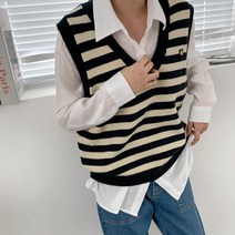 p12 스마일 패치베스트/ 레이어드하기 좋은 루즈핏 스트라이프 니트롱조끼/ 간절기필수템