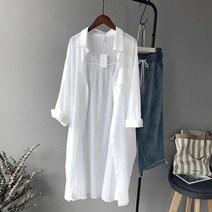 레니본블라우스 여성 2022 봄 비치 화이트 코튼 롱 블라우스 긴 소매 셔츠 얇은 카디건 캐주얼 Streetwear