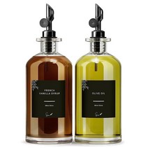 Apothecary 주방용 올리브 오일 디스펜서 병 - 프리 스파우트 라벨 40개 및 깔때기 커피 시럽 병 유리 요리 식초 세트 용기 피처 양념통 바 368449, Black, 17oz / 500ml