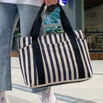 찐코디 K421 캐주얼 가벼운 캔버스 스트라이프 쇼퍼 천가방 넉넉한 수납 텀블러 포켓 토트 사각 스퀘어 세로 줄무늬 손가방 에코 숄더백