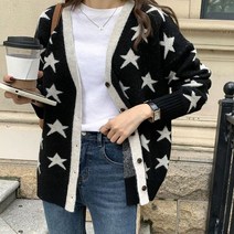 네모엔룩 스타별 패턴 루즈핏 배색 단추 브이넥 시보리 긴팔 울 니트 가디건
