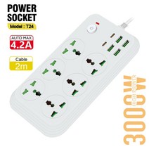멀티 탭 플러그 콘센트 전원 스트립 AC 프라이즈 연장 코드 전기 소켓 PD USB C 포트 전화 고속 충전기 네트워크 필터 EU UK US, 영국 플러그 - T24 White