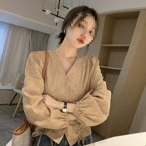 POMTOR 캐쥬얼 스트랩 브이넥 셔링 퍼프 소매 블라우스 셔츠