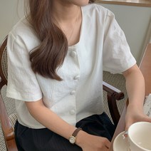 네쥬 여성 여름 린넨 라운드 노카라 귀여운 반팔 자켓