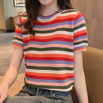 상의 무지개 색상 니트줄무늬 여성 여름옷 짧은 소매 풀오버 후드 이너티셔츠 스타일리쉬 2603719368