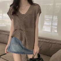 윤블리 여성 펀칭 그물 반팔 니트 [1161]