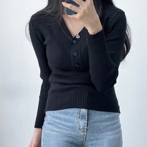 여성용 간절기 단추 골지 브이넥 트리버튼V니트