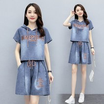 JUSTFEELING 70kg까지 빅사이즈 데님 투피스 세트 여성 반팔 후드티 + 짧은 청 바지