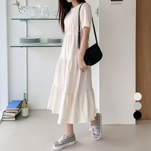 플랜데이 여성용 데일리 캉캉 허리 스트링 반팔 롱 원피스