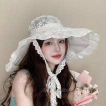 화이트 레이스 모자 여자 셀프 웨딩 촬영 창 넓은모자 레이스끈