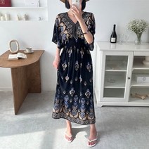 마쿠쿠 브이넥 에스닉 보헤미안 반팔 여성 쉬폰 롱 원피스 휴양지 바캉스