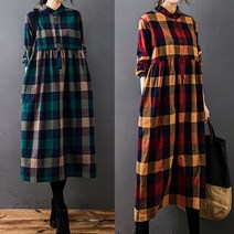 231275 - 핸리넥 체크 긴팔 롱 원피스/빅사이즈/루즈핏/엄마옷//간절기/여름원피스/데일리/임부복