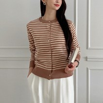 뜨개진 여성용 쫀쫀 스트라이프 라운드 에프터 가디건