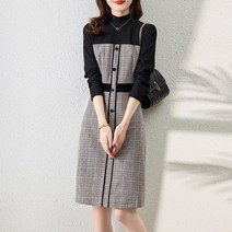 Amaethon 가을 긴팔 롱 여성 체크 니트 원피스