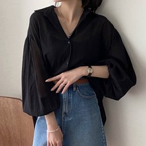 봄원피스 시크하고 세련된 여성 여름 셔츠 틈새 다목적 라펠 백 레이스업 스플릿 디자인 퍼프 슬리브 햇빛
