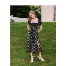 블랙 꽃무늬 스퀘어넥 트임 쉬폰 원피스 발리 다낭 해외여행원피스