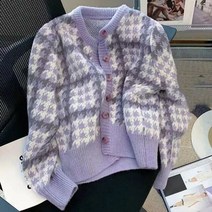 한국어 스타일 격자 무늬 보라색 니트 카디건 긴 소매 라운드 넥 캐주얼 오픈 스티치 스웨터 여성 가을 ​​겨울 2022