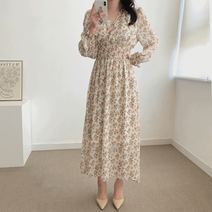 메리유 플라워 스모크 밴딩 브이넥 쉬폰 롱 원피스
