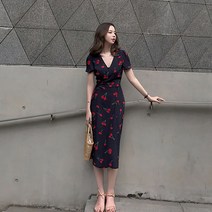 네이비 프린팅 랩원피스 여자 V라인 원피스 치마 봄 랩 여성 대학생코디 여름