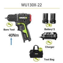하이브로 임펙드릴 사코전동 WORX무선 전기 드릴 WU130X 12V 40Nm 브러시리스 모터 가방 또는 도구 상자 포함 범용 주황색 및 녹색 배터리 팩, [03] WU130X22, WU130X22