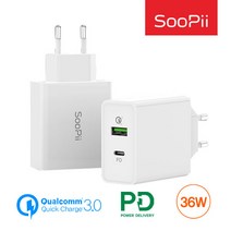 Soopii QC3.0퀵차지 USB PD 36W 듀얼 고속충전기, 화이트, 1개