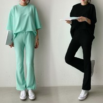오브치치 루즈핏 봄 가을 부츠컷 7부 소매 여성 트레이닝복 세트 일상룩 투피스 상하의세트 라운드 티셔츠 바지 세트 트레이닝세트 츄리닝 홈웨어