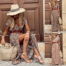 2021 새로운 여성 롱 드레스 여름 v 목 Boho 벨트 맥시 드레스 숙녀 보헤미안 비치 휴일 Sundress 여성|Dresses|