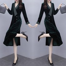 토파즈 EW0491 여자 봄 가을 미디 롱 긴팔 브이넥 셔링 벨벳 주름 플리츠 원피스 드레스 치마 이지웨어 데일리룩