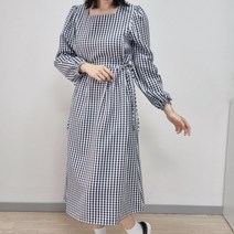 이지무드 여성 FL 스퀘어넥 체크 소매 퍼프 셔링 옆리본 핀턱 롱 원피스