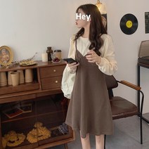 라운드나시원피스 작은 키 끈나시 슬립 패치워크 맨투맨 페이크투피스 프렌치 클래식 숏 매너 디자인감각 가을 2334766490