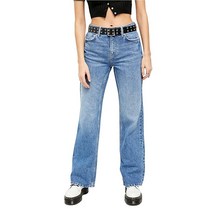 Free People 여성용 블루 데님 지퍼 플레어 진 24 블루.