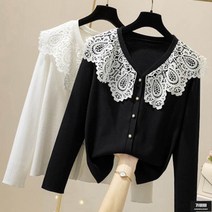 가바바 빅사이즈 여성 미디가디건 레이스카라 포인트 진주단추 달린 긴팔아우터 G62985