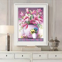 푸아이 3D 보석십자수 핑크 백합 35x40 DIY 집들이 선물 인테리어 소품(사이즈 5종)+행운십자수(32x32)MJ1171, 1세트, 50x64cm