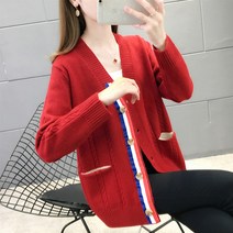 니트 여자 2021년 V칼라 포켓 디건 루즈핏 여성아우터