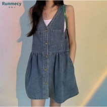 런메시Runmecy 브이넥 베스트형 데님 미니 원피스 청원피스 데님 멜빵원피스