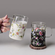 홈카페 레트로 예쁜 투명 유리컵 손잡이 꽃무늬 컵, 블로스머그컵(라라400ml2p)