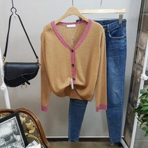 상상그이상 여성용 깔끔한 심플 셔링 배색 브이넥 니트 가디건