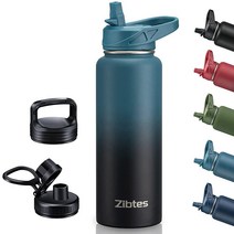 Zibtes 빨대 포함 1.2L(40온스) 단열 물병 뚜껑 3개(플립 및 핸들 뚜껑) 스테인리스 스틸 누출 방지 스포츠 물병 이중벽 진공 금속 물병(버블 검), 40 oz, Indigo Black, Indigo Black