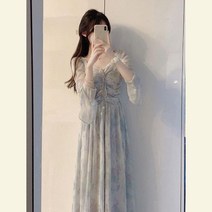 여성 봄 가을 꽃무늬 긴팔 쉬폰 윈피스 하객룩 여름 결혼식 빅사이즈 휴양지 비치 휴양지