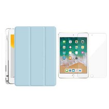 텐브릿지 태블릿패드 후면 반투명 펜슬 수납 홀더 케이스 강화유리 세트, 스카이블루강화필름