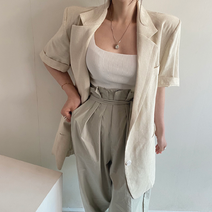 BANHANY 테스 린넨 백슬릿 어깨패드 더블 버튼 루즈핏 하프 자켓 22052728
