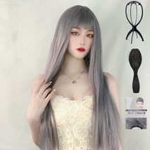 일월전빵 자연스러운 여성 긴생머리 전체 통가발 70cm 가발망+거치대+빗 세트, 애쉬퍼플그레이