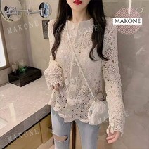 Makone 상표등록 린온트리 퍼프 펀칭 꽈배기 케이블 크롭 니트 가디건 슬림 긴팔 탑스 한 중공 카디