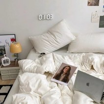자취생 인스타 감성 단색 침구 커버 풀세트 4종 레트로 빈티지 화이트 백색 이불 간절기 사계절