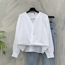 [봄신상무배]핀턱 퍼프 소매 단추 브이넥 블라우스