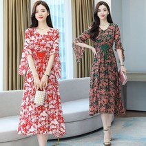 스커트 프렌치 첫사랑 경숙풍 프릴 소매 프린트 원피스 쉬폰 도라지 소인