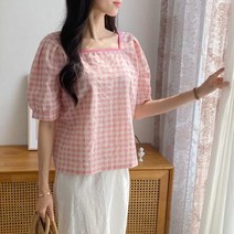 마롱패션 퍼프 린넨 블라우스 체크 셔츠 블랙 핑크 마롱