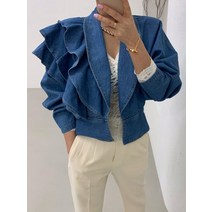 한국어 세련된 빈티지 디자인 허리 폐쇄 짧은 데님 자켓 여성 포트 스타일 옷깃 다목적 프릴 사무실 레이디