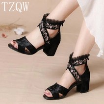 TZQW 흠광지성 봄 여름 샌들 여자 통굽 레이스 샌들3-5CM